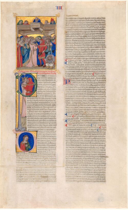 A beautifully illuminated initial letter “P,” introduces a paged covered with dense text. Two colorful marriage scenes are embellished with gold.