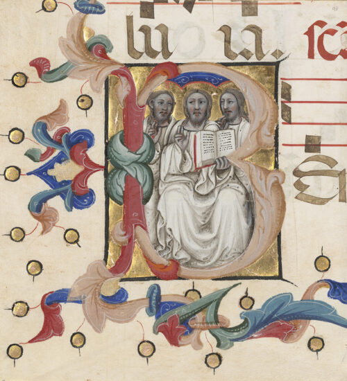 Three men in white robes hold a book. They are situated in a frame surrounded by floral-like shapes in reds, blues and greens and small golden circles also surround the men.