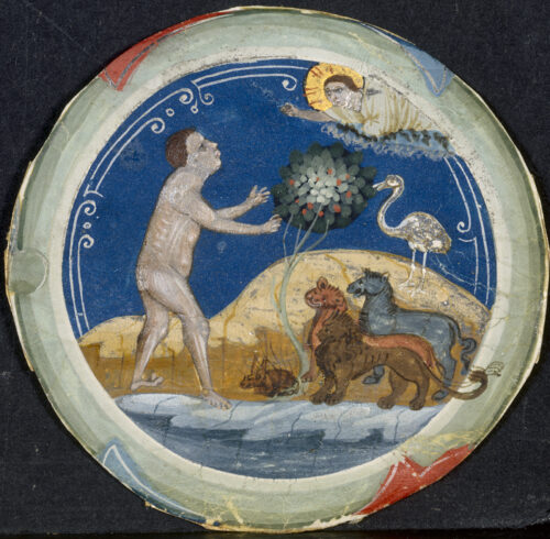On a round canvas, against a night-blue sky, a nude man is looking at a haloed figure as animals stare at the nude. The background is a night-blue sky, water is in the foreground and a long-necked bird stands on a hill eating from a tree.